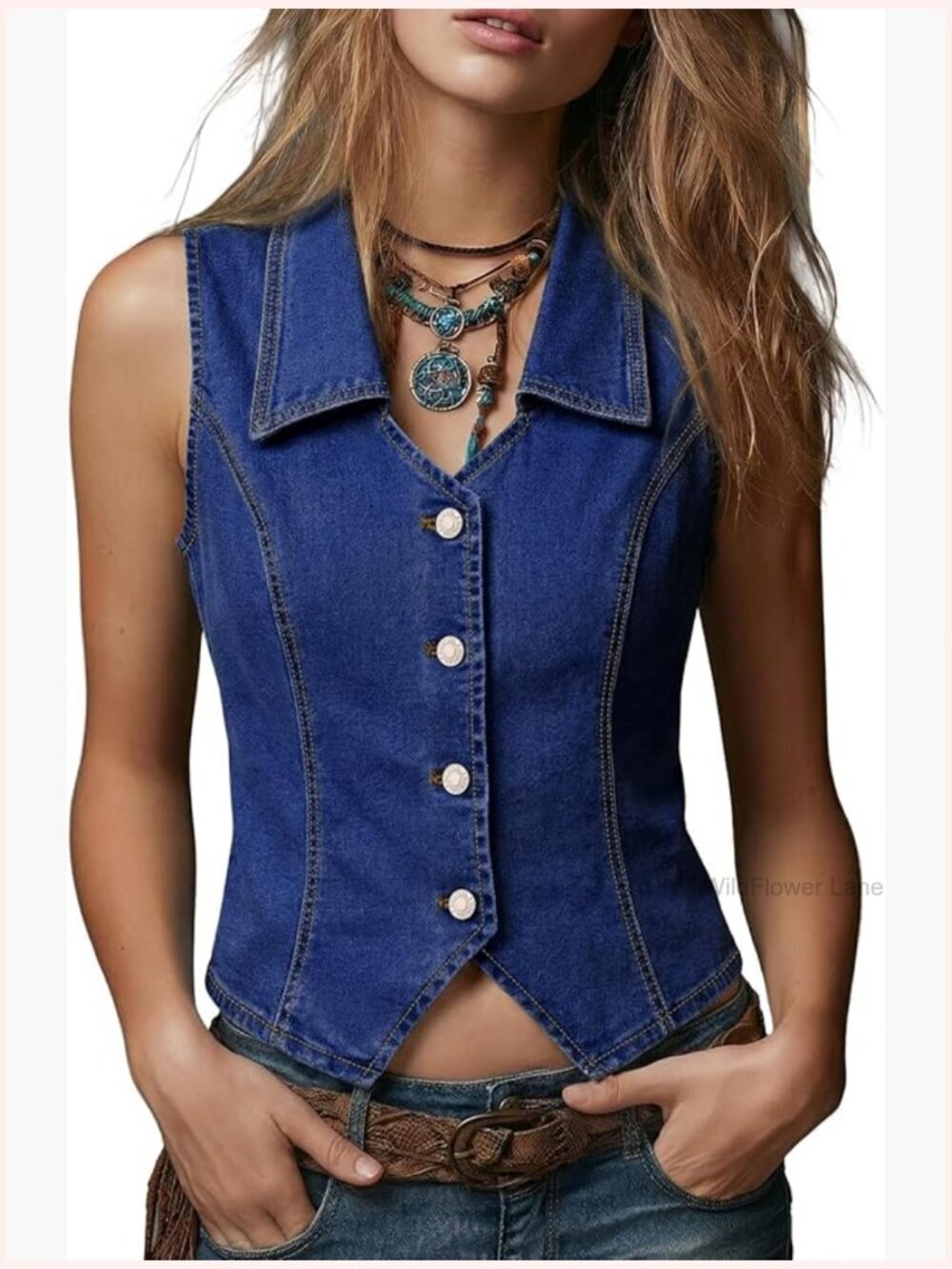 Denim Vest Lapel Sleeveless Button Down Slim Fit Cowgirl Top